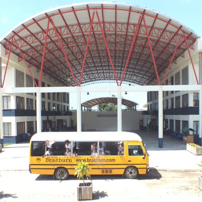 School bus in front of entrance
